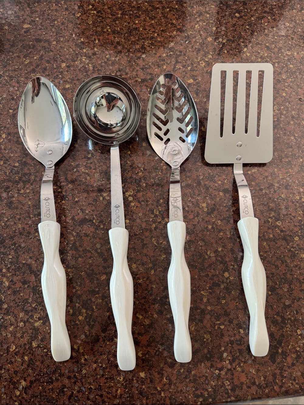 Cutco Pearl White Handle Stainless Steel Kitchen Serving Set of 4 Utensils